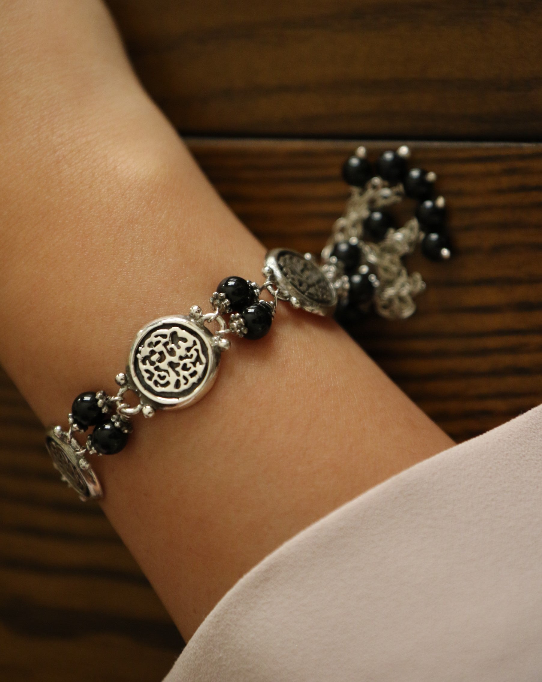 Arabic Silver Bracelet "Protection, Happiness & Wellness with Black Stones
