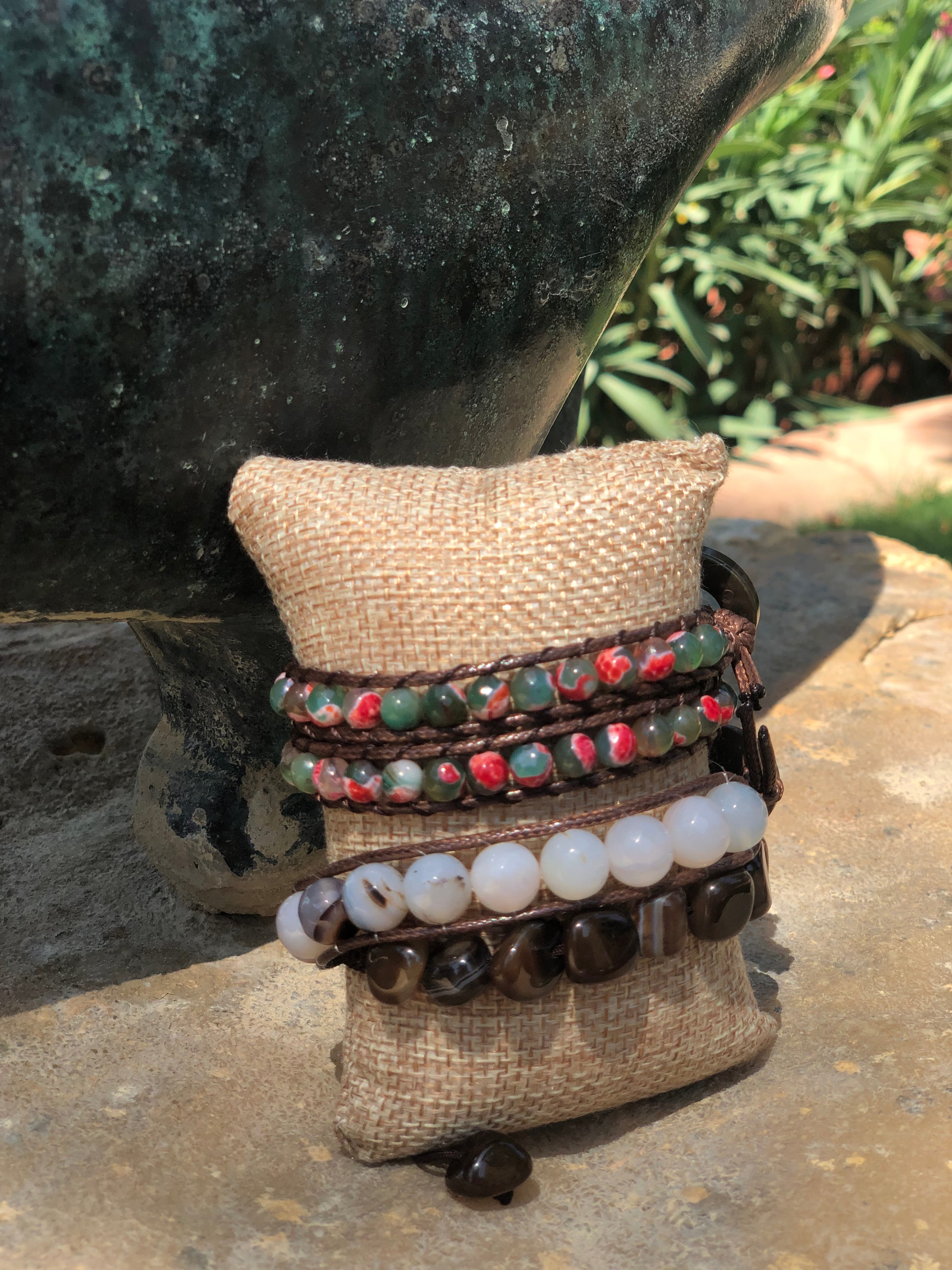 Trio set of brown and green agate