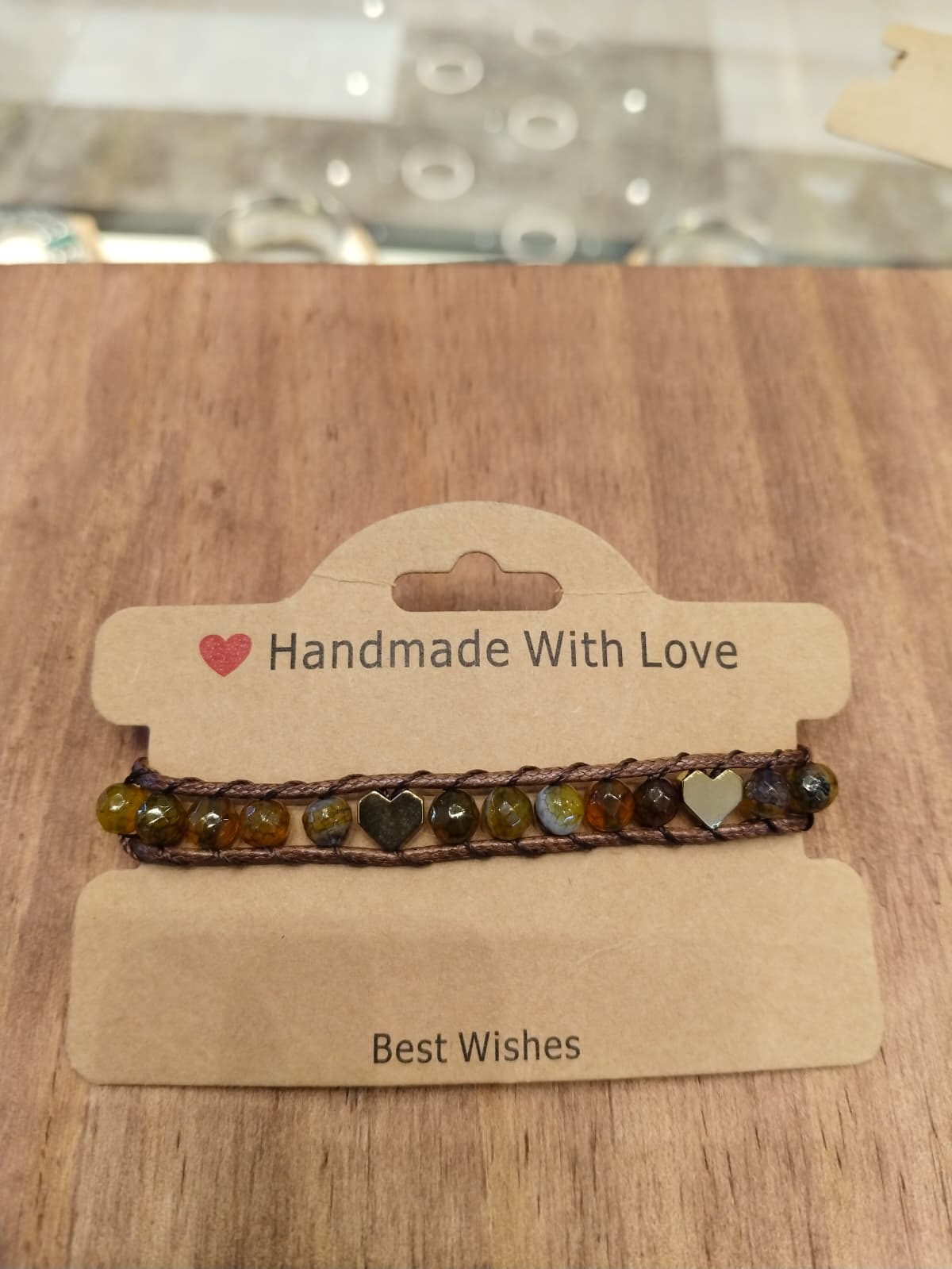 Brown leather bracelet with hazel color agate and heart-shaped Hematite 12055
