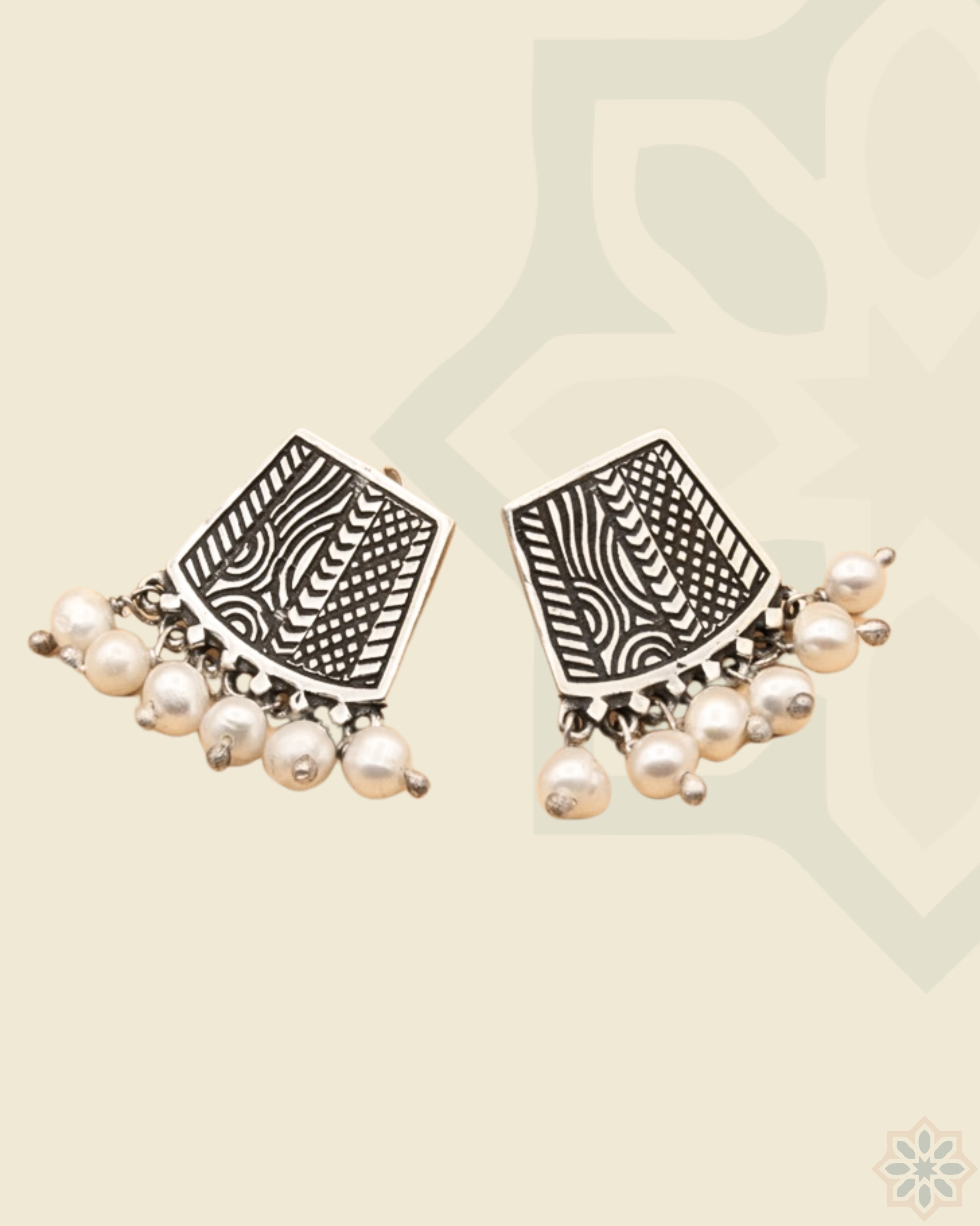 Silver Oriental Earring- Square with White Pearls