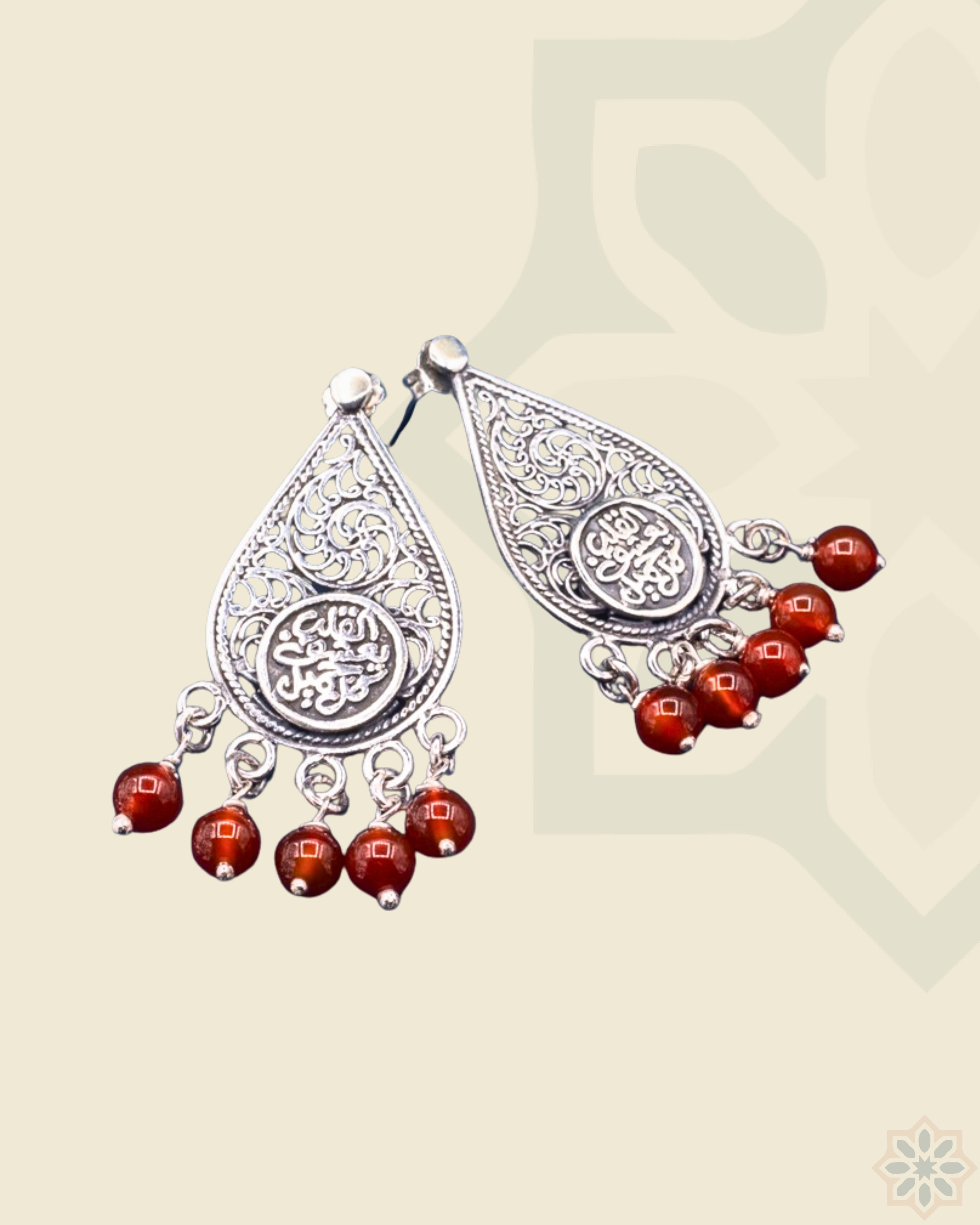 Silver Oriental Earrings- "Heart loves every beauty" with Maroon Stones