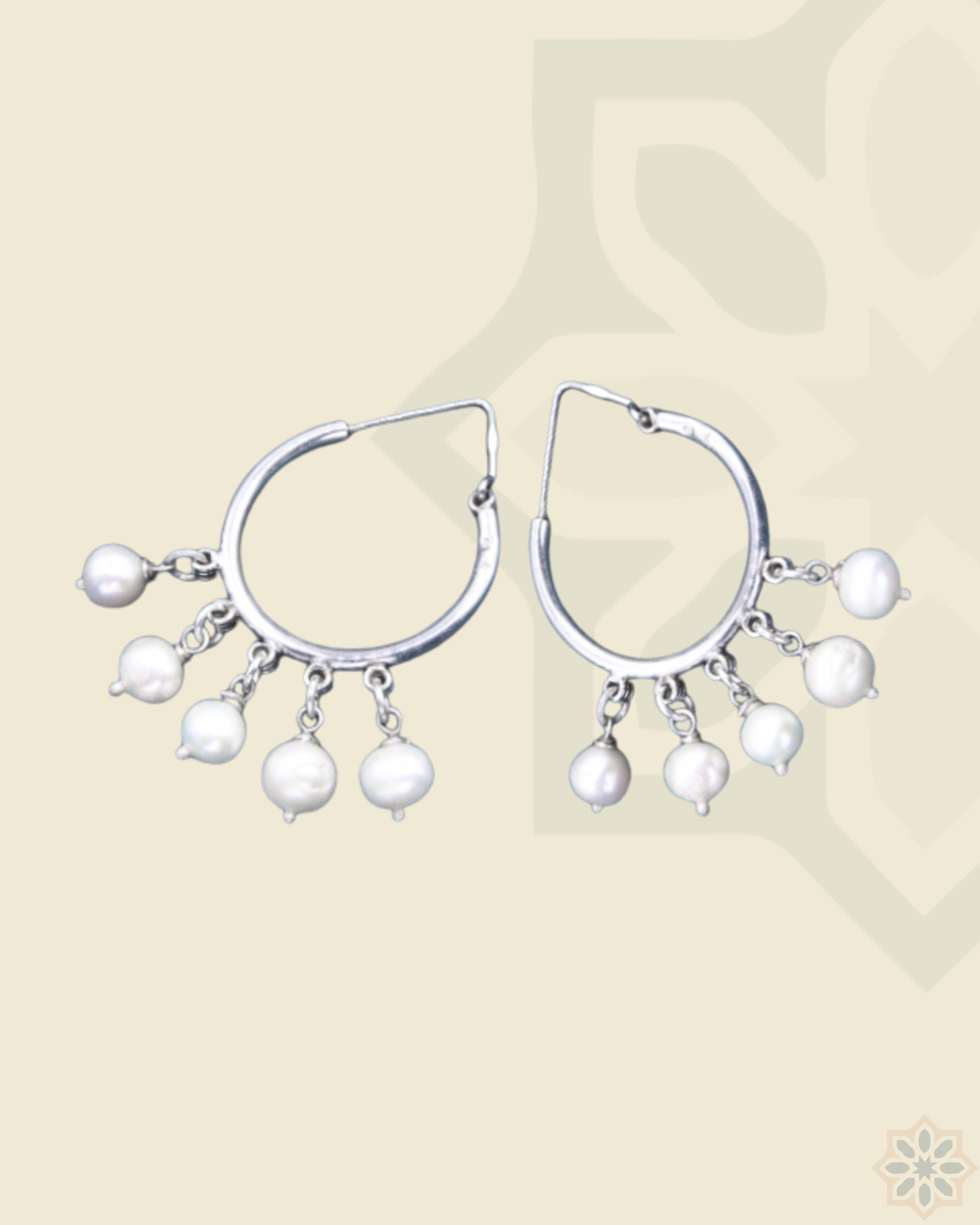 Silver Oriental Earring- Circle With Dangling Pearls Large