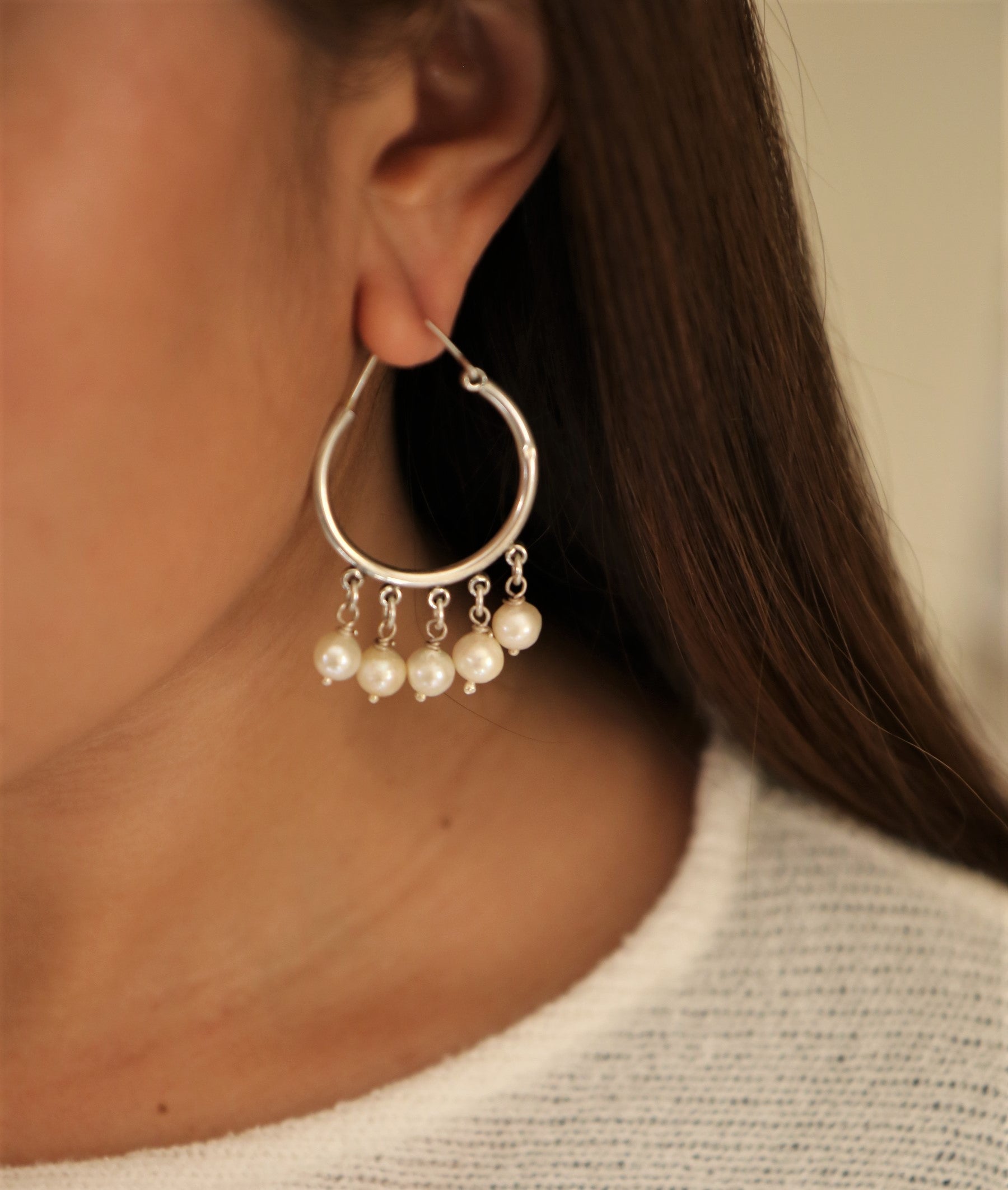 Silver Oriental Earring- Circle With Dangling Pearls Large