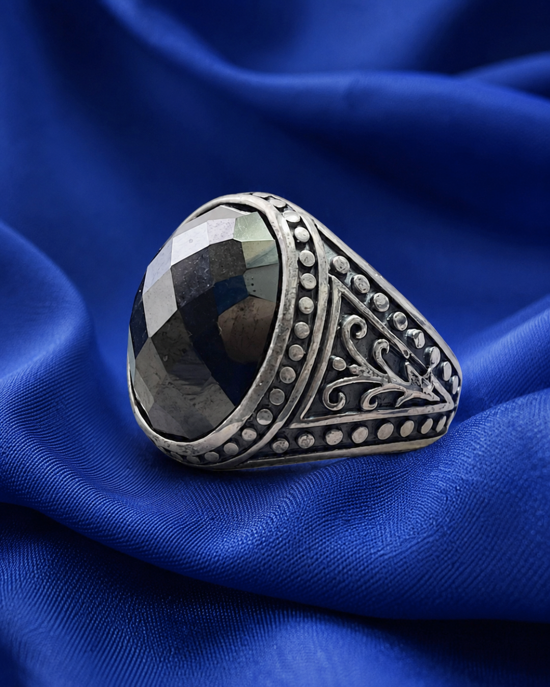Oval Faceted Black Onyx Men's Ring 70083 خاتم للرجال
