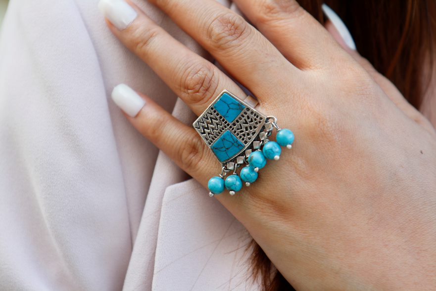 Silver Ring- Square Turquoise Stone Diagonal
