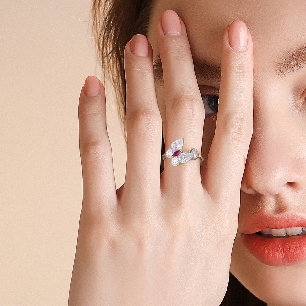Adjustable Crystal Butterfly Silver Ring
