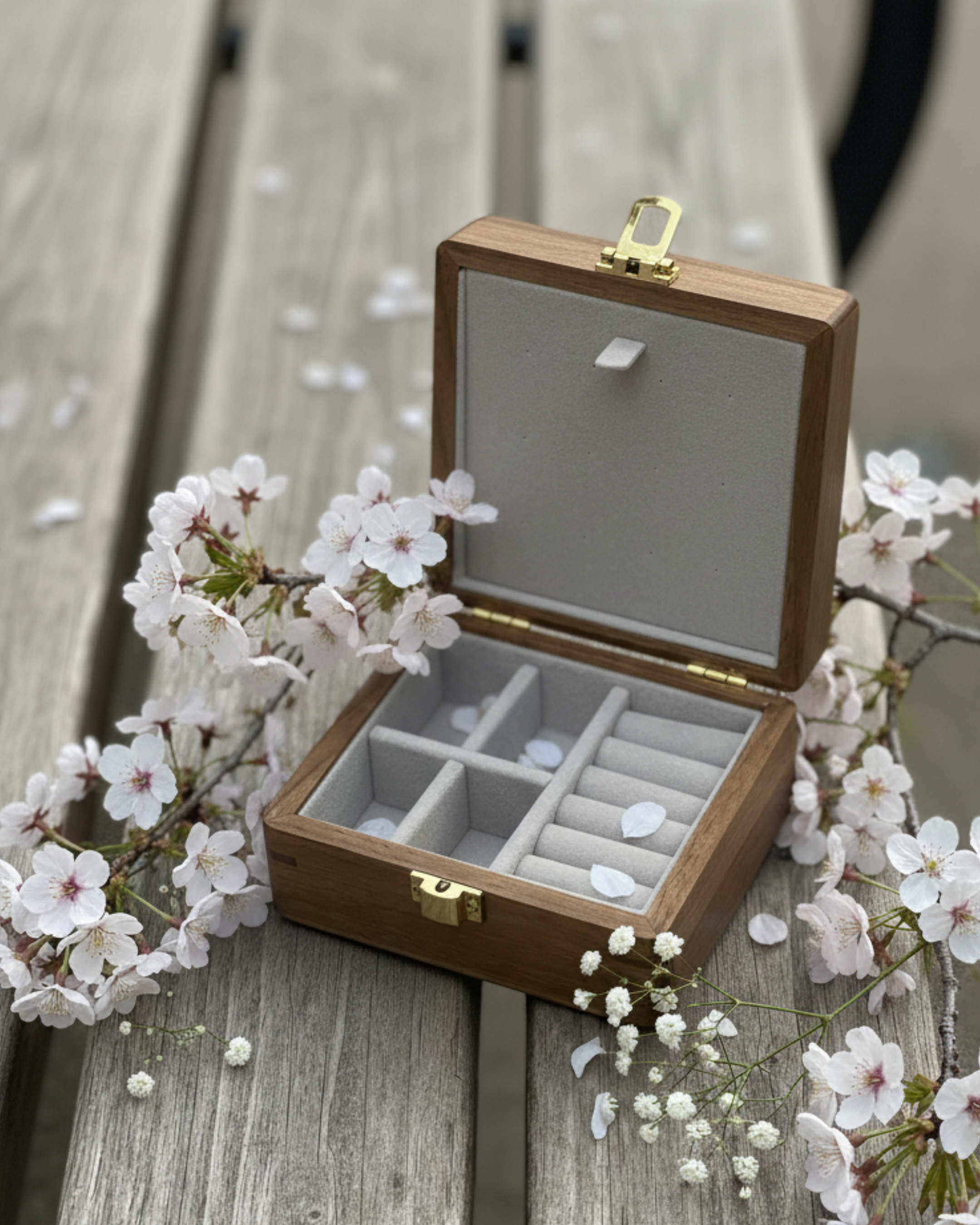 Wooden Jewelry Box with Grey Interior – Customizable Gift Box
