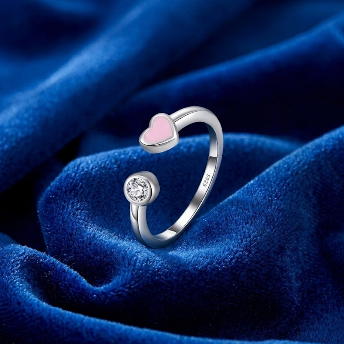 Pink Heart & Solitaire Open Ring 7403