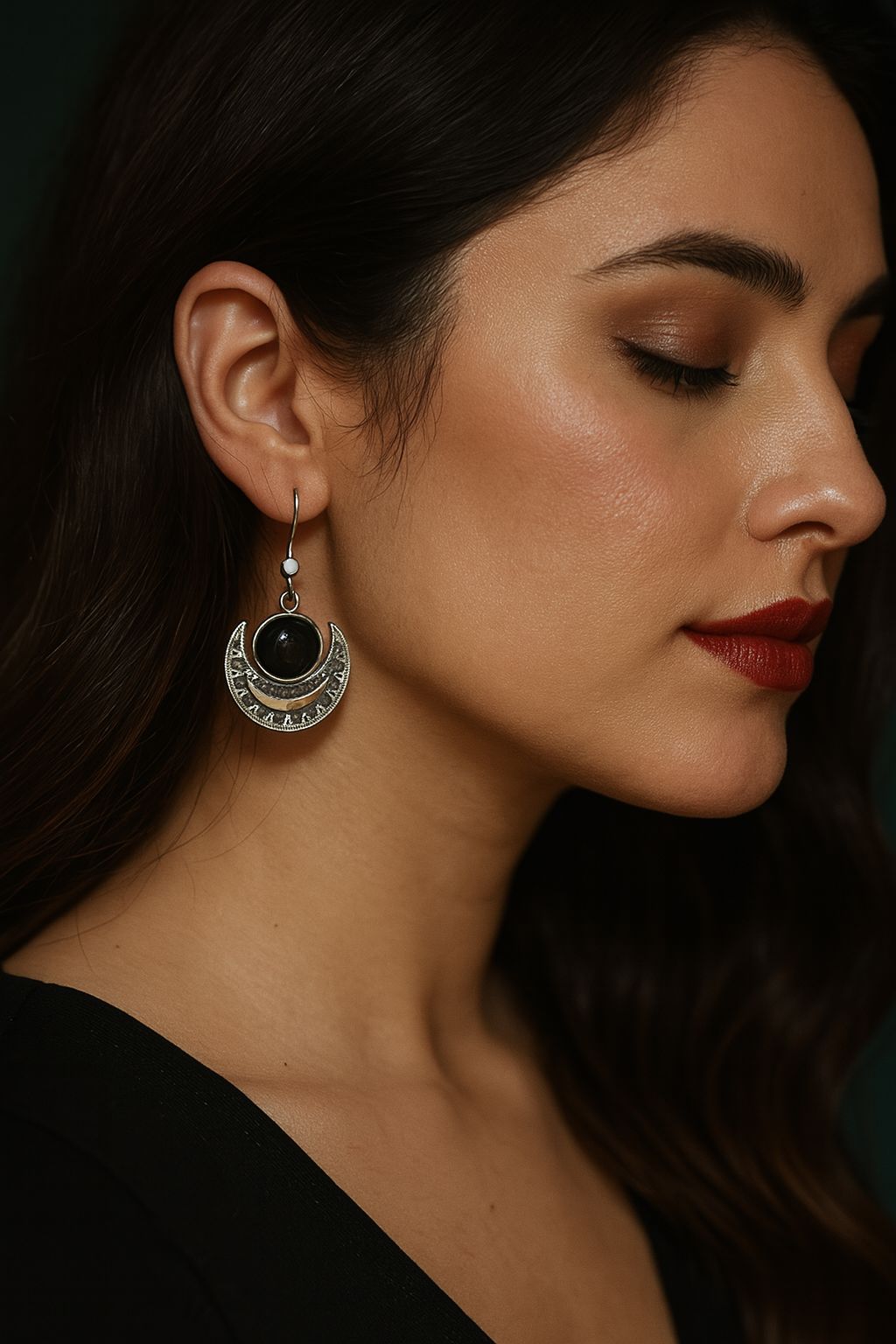 Crescent Earrings with Black Agate