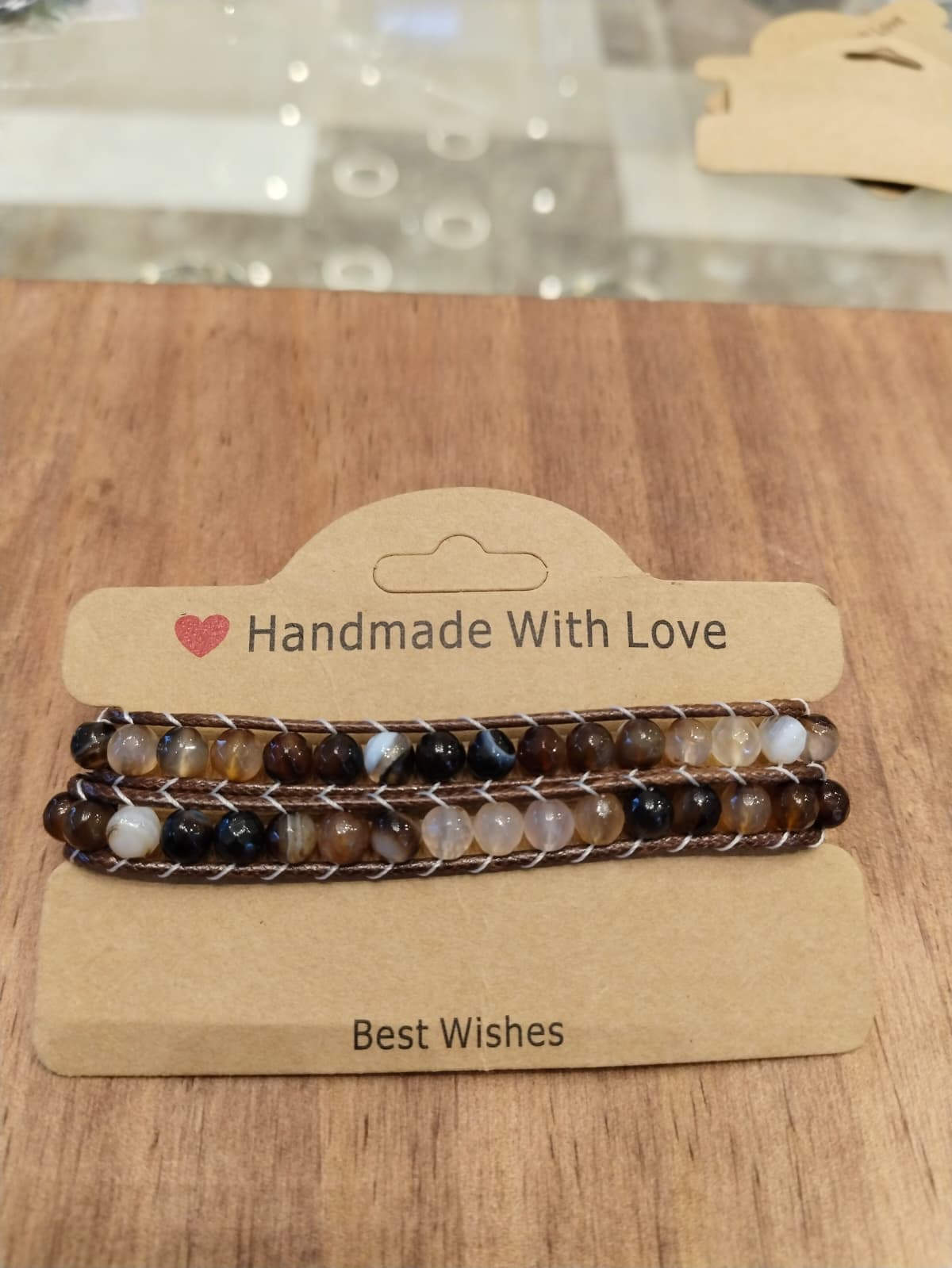 Brown leather bracelet with Agate in blue and brown dark shades 12053