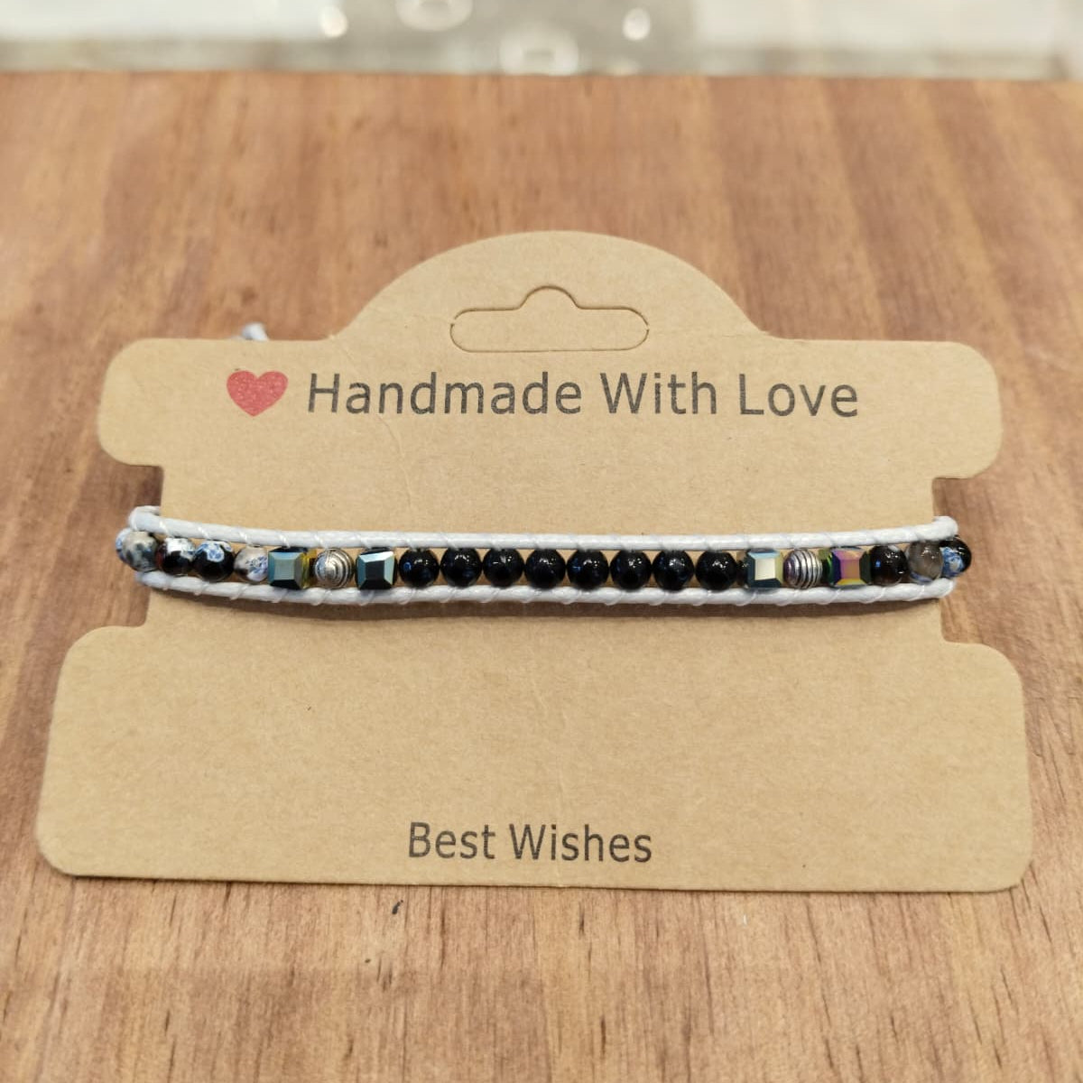Silver leather bracelet with black and blue Agate adorned with Hematite 12048