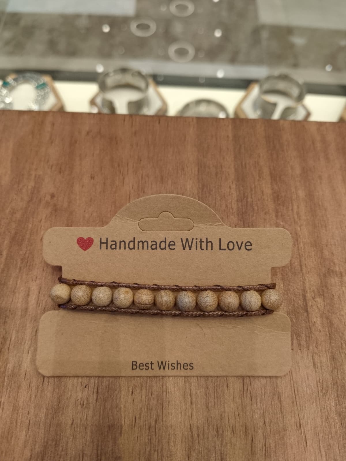 Brown leather bracelet with wooden beads 12058