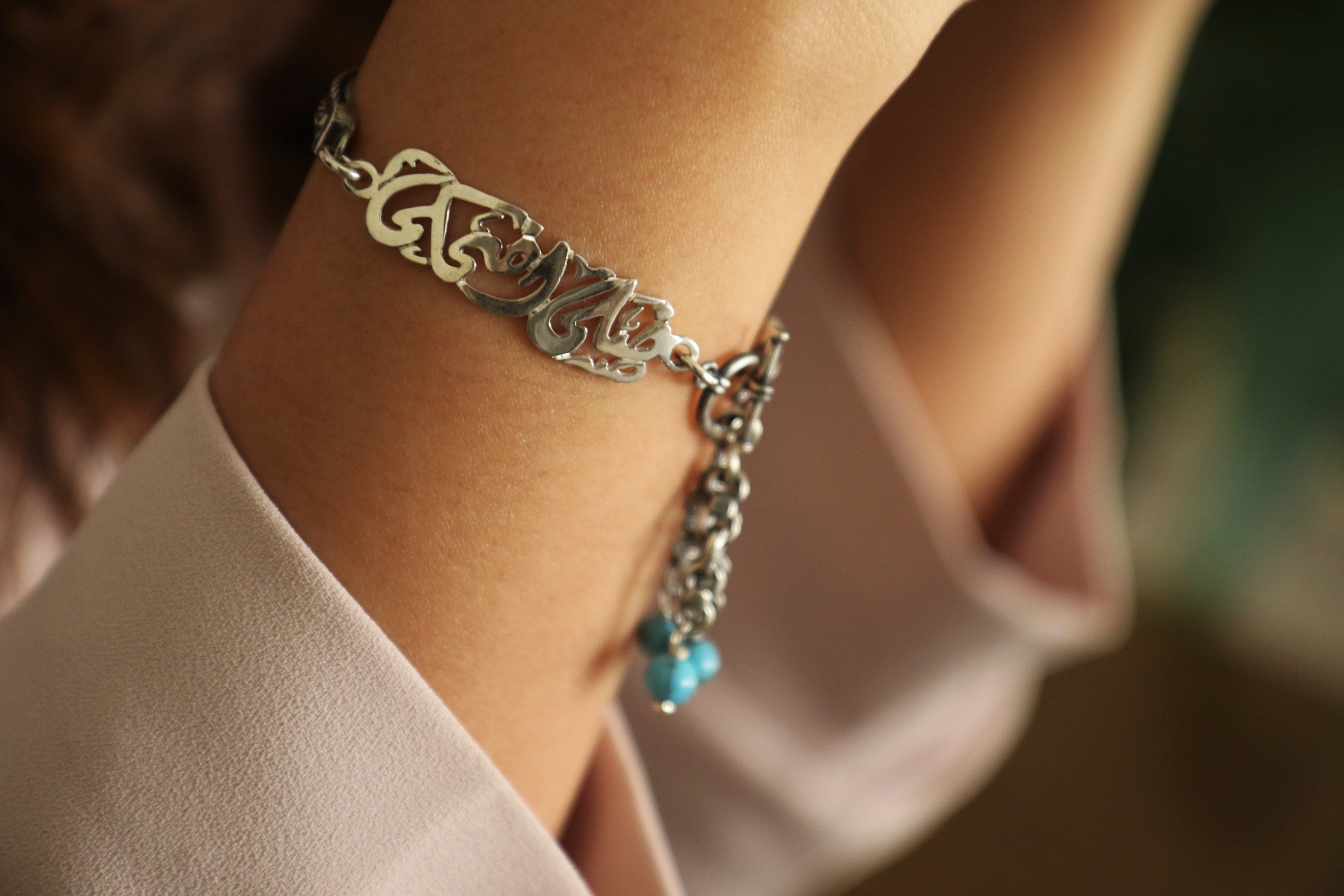 Arabic Silver Bracelet "Keep smiling" with Turquoise Stones