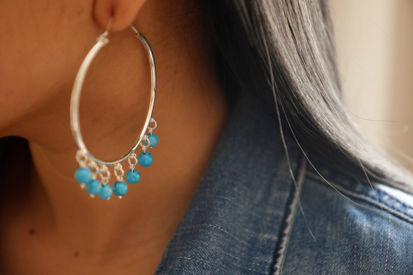 Silver Oriental Earring - Large Ring With Turquoise Stones