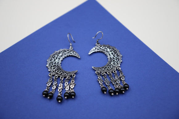 Silver Oriental Earing- Embellished Crescent With Black Stones