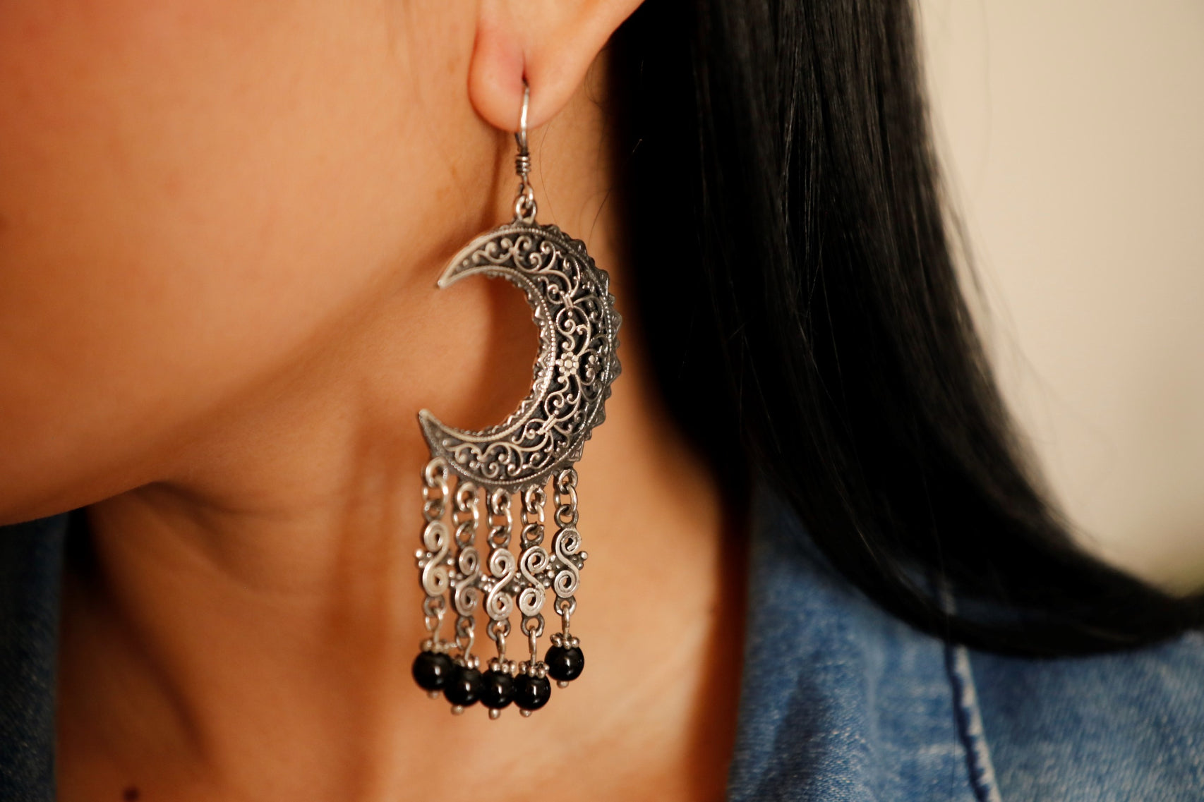 Silver Oriental Earring- Embellished Crescent With Black Stones