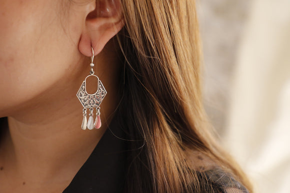 Hexagonal earring with silver charms