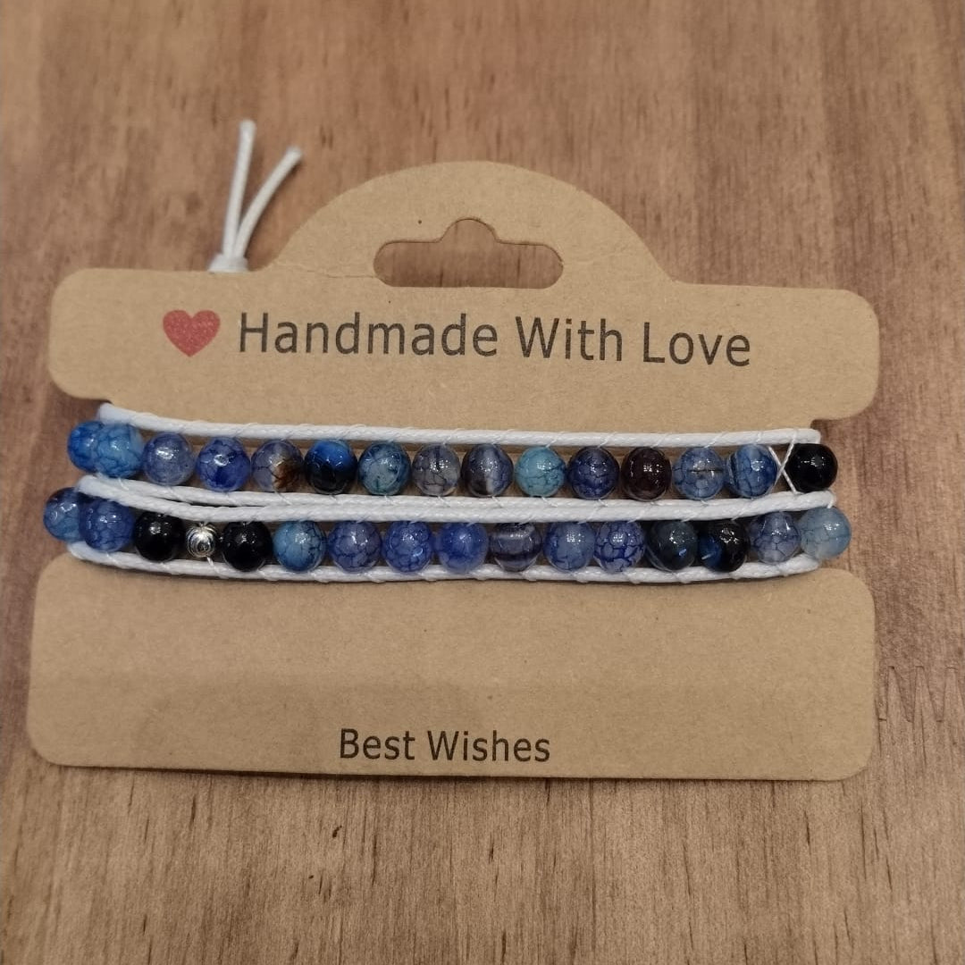 Double bracelet of silver leather with blue Agate shades 12042