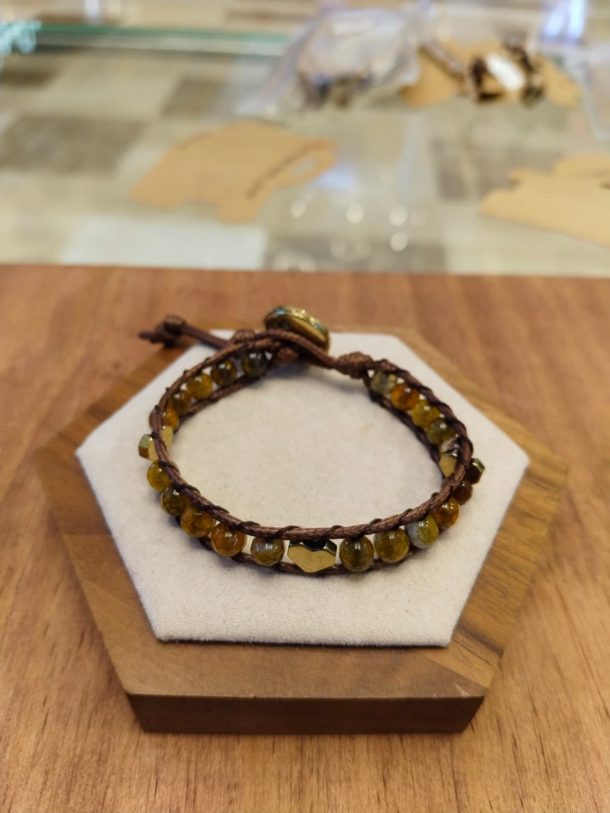 Brown leather bracelet with hazel color agate and heart-shaped Hematite 12055