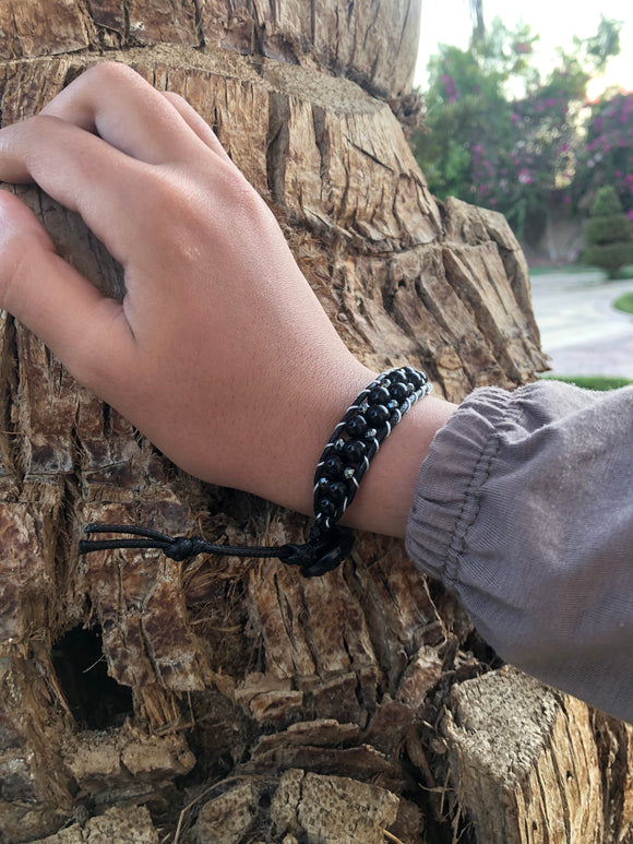 Black thread bracelet with black agate and oxidized silver beads