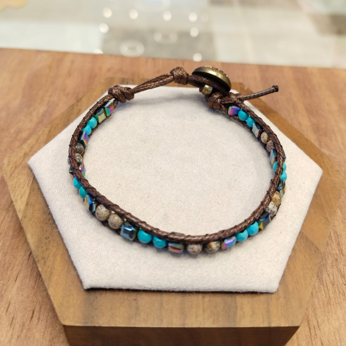 Brown leather bracelet with turquoise and Jasper stones adorned with Hematite 12047