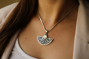 Oriental silver pendant- Half circle with arabic writing "Prosperty" and pearl