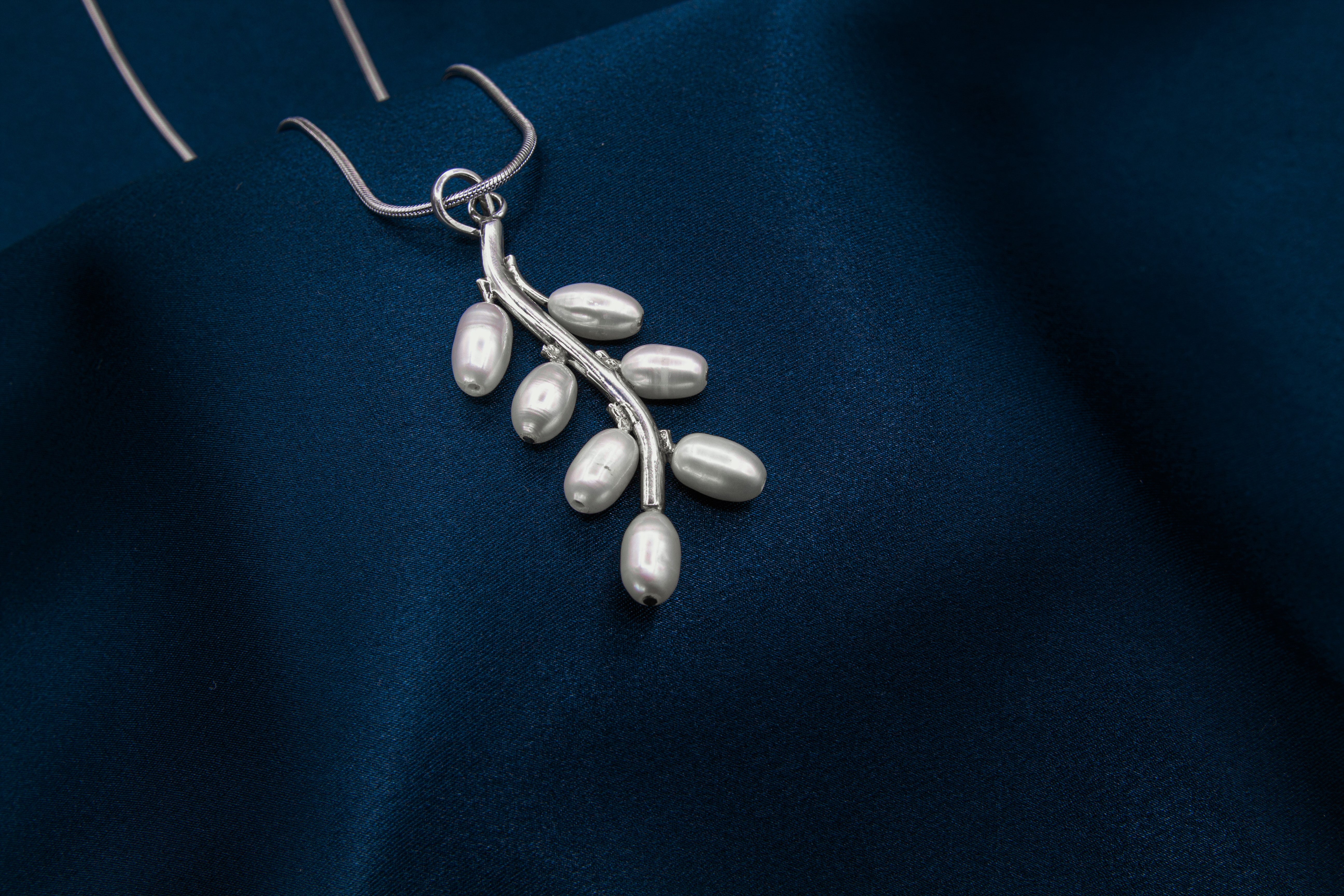 Oriental Silver Pendant- Leaf With White Pearls