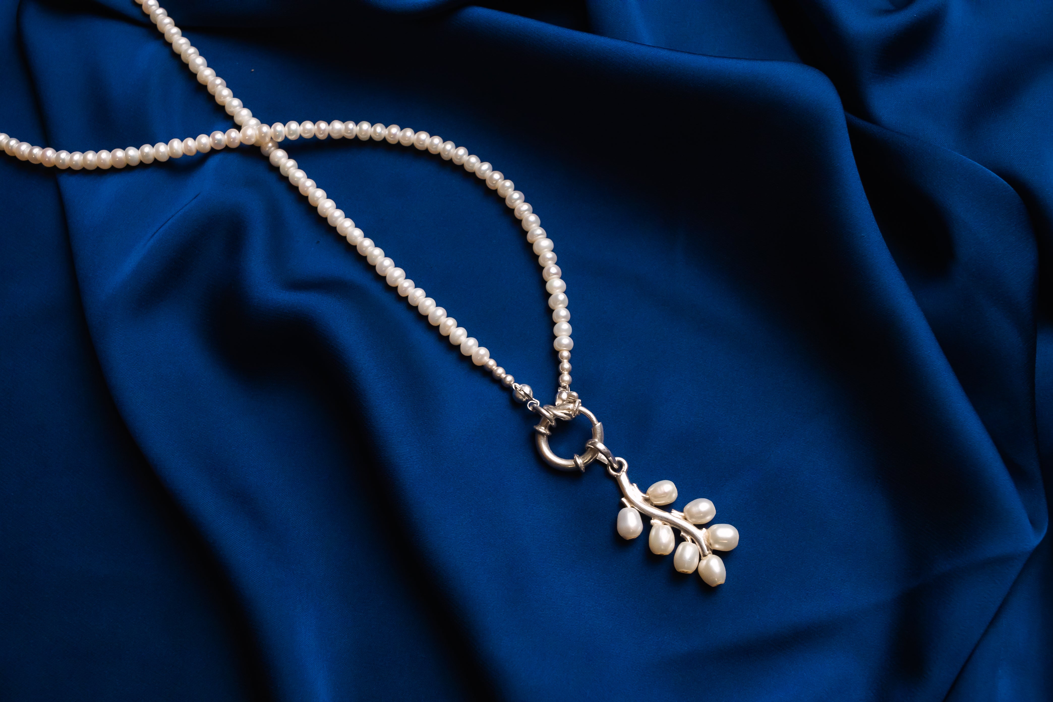 Oriental Silver Pendant- Leaf With White Pearls