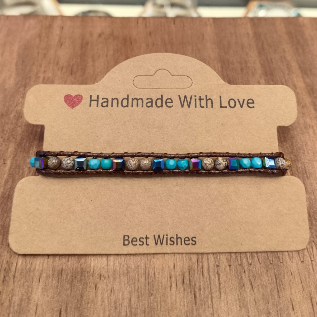 Brown leather bracelet with turquoise and Jasper stones adorned with Hematite 12047