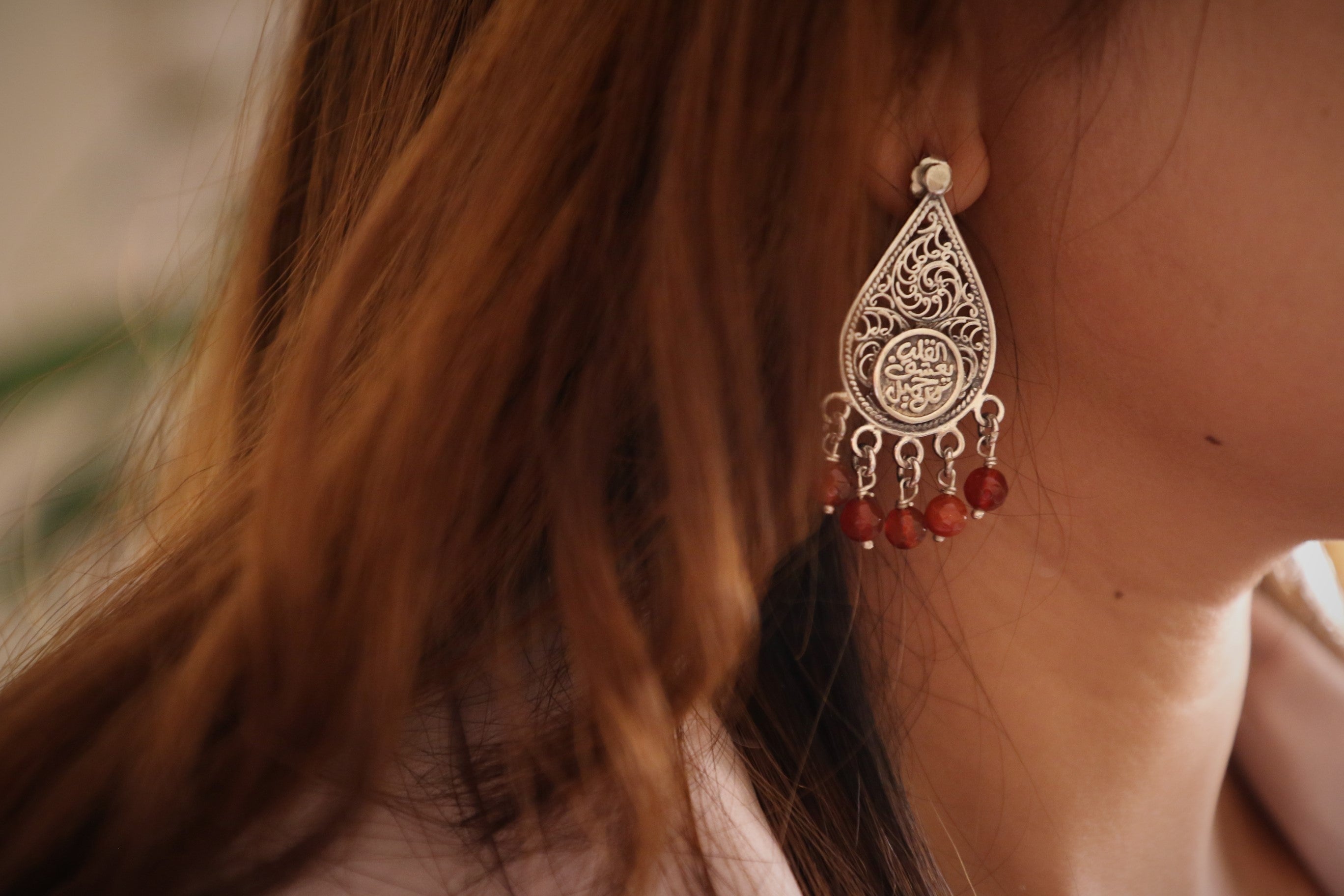 Silver Oriental Earrings- "Heart loves every beauty" with Maroon Stones