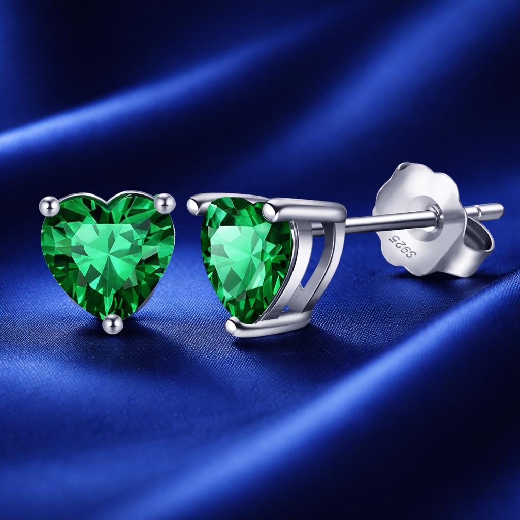Green Heart Glow Silver Earrings