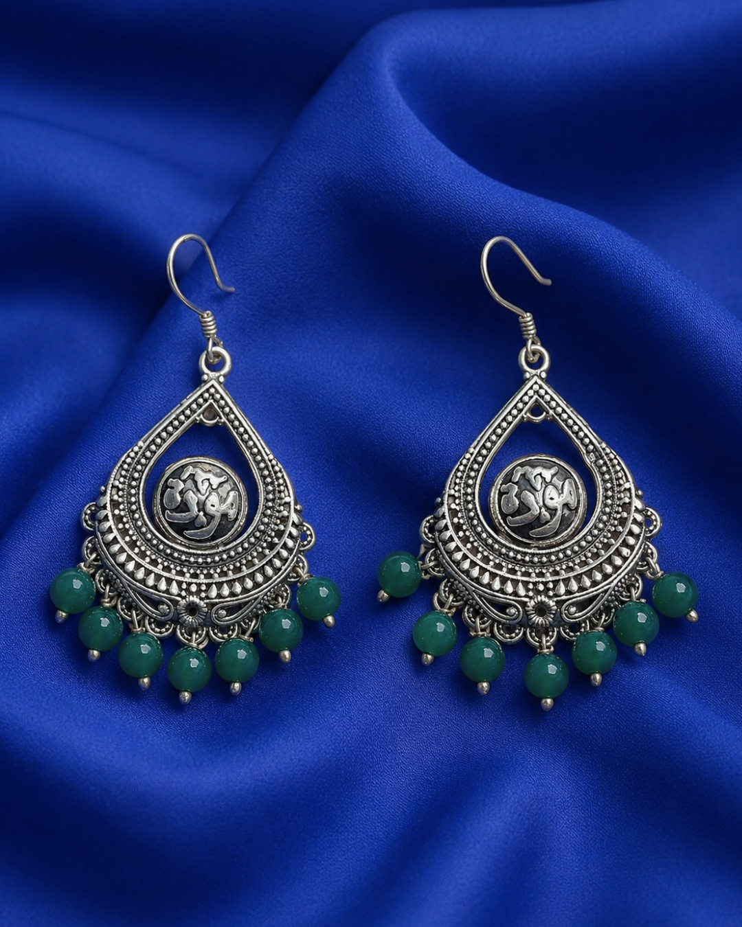 Silver Arabic Calligraphy & Green Agate Chandelier Earrings 4307 حلق