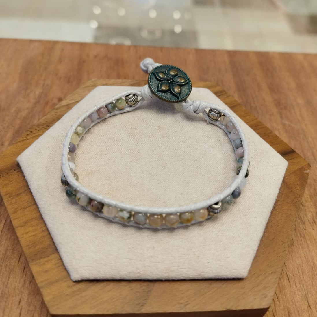 Silver leather bracelet with Jasper stone in gray tones and cashmere 12051