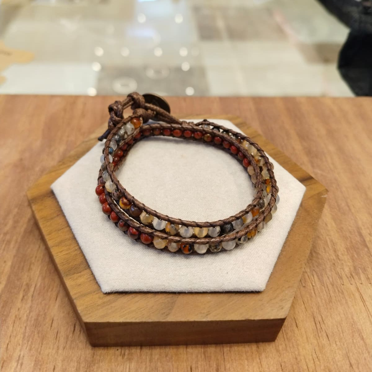Brown leather bracelet with turquoise and Jasper stones adorned with Hematite 12046