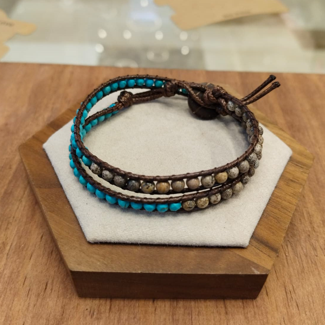 Double bracelet of brown leather with turquoise and Jasper stones 12045