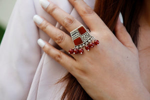 Silver Ring- Square maroon stone diagonal