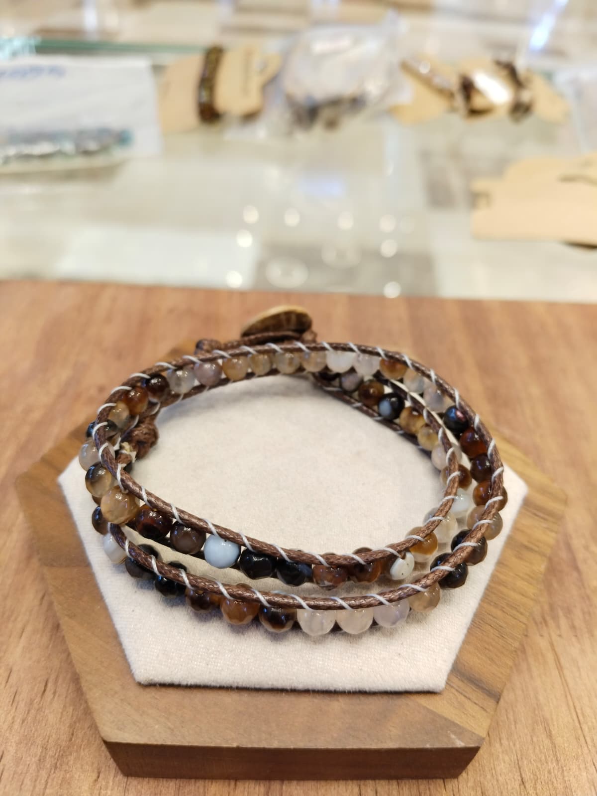 Brown leather bracelet with Agate in blue and brown dark shades 12053