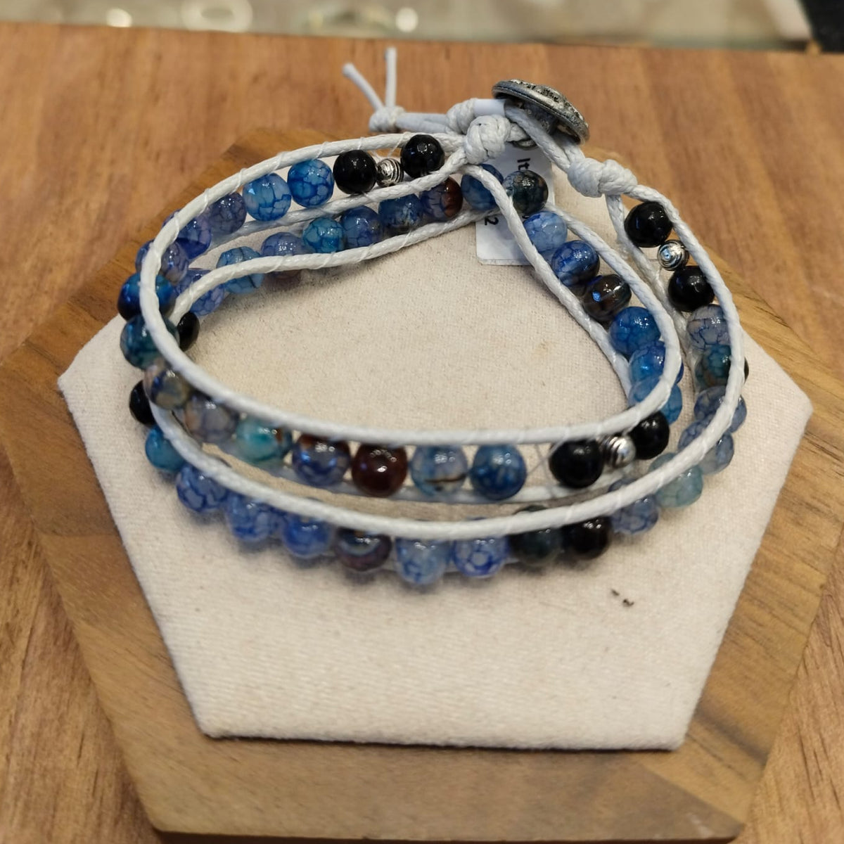 Double bracelet of silver leather with blue Agate shades 12042