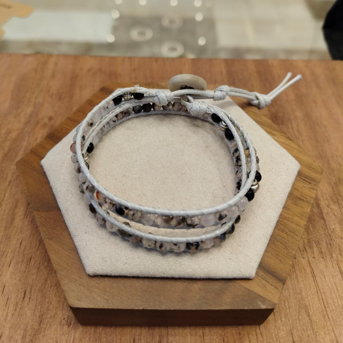 Double bracelet of silver leather with gray shades Agate 12044