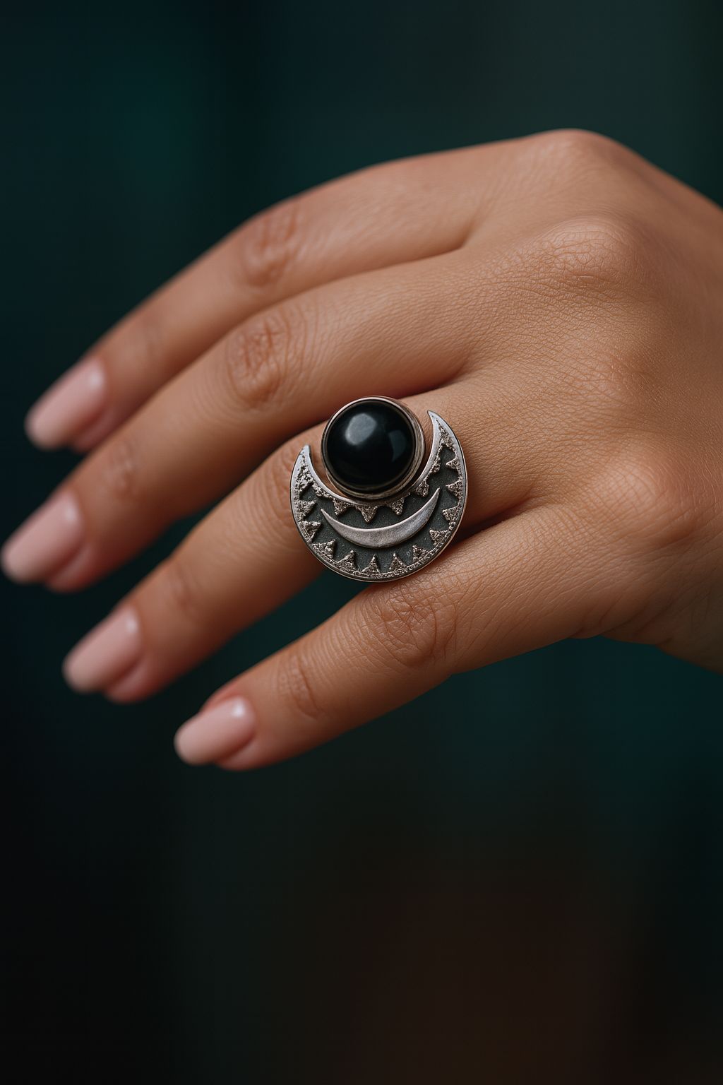 Crescent ring with Black Agate
