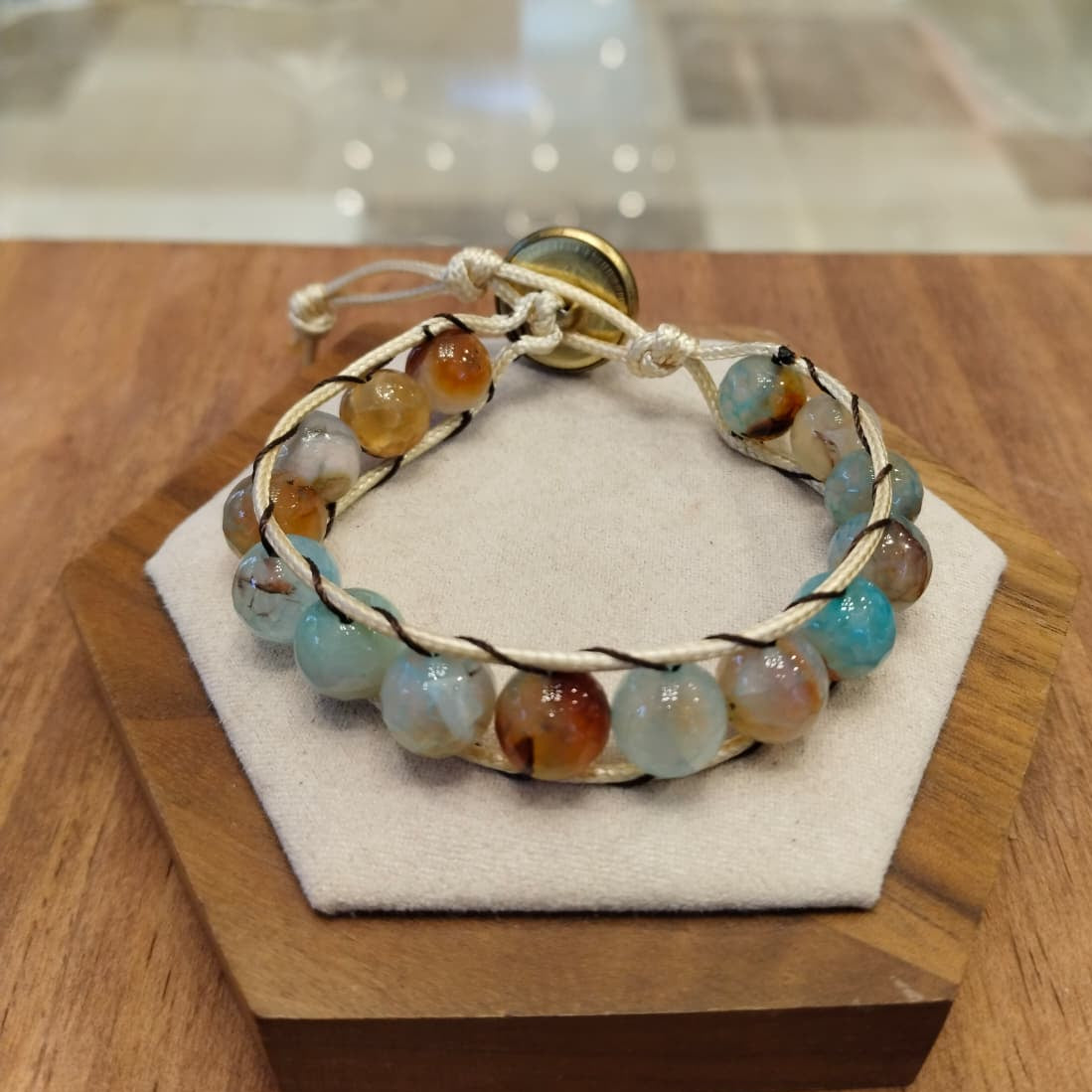 Golden thread bracelet with Agate in green and brown light shades 12052
