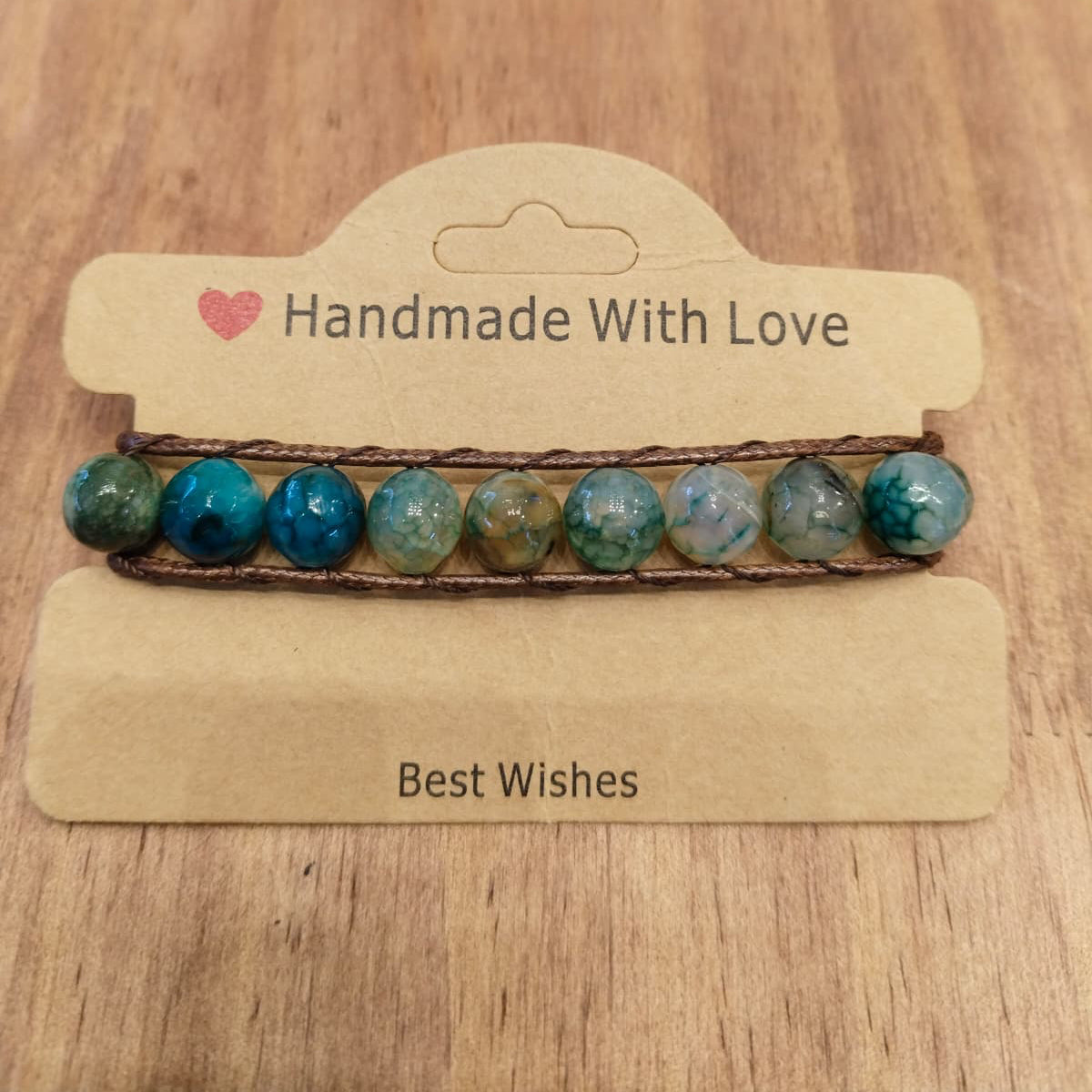 Brown leather bracelet with Agate in dark green tones 12054
