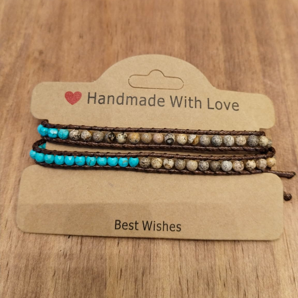Double bracelet of brown leather with turquoise and Jasper stones 12045