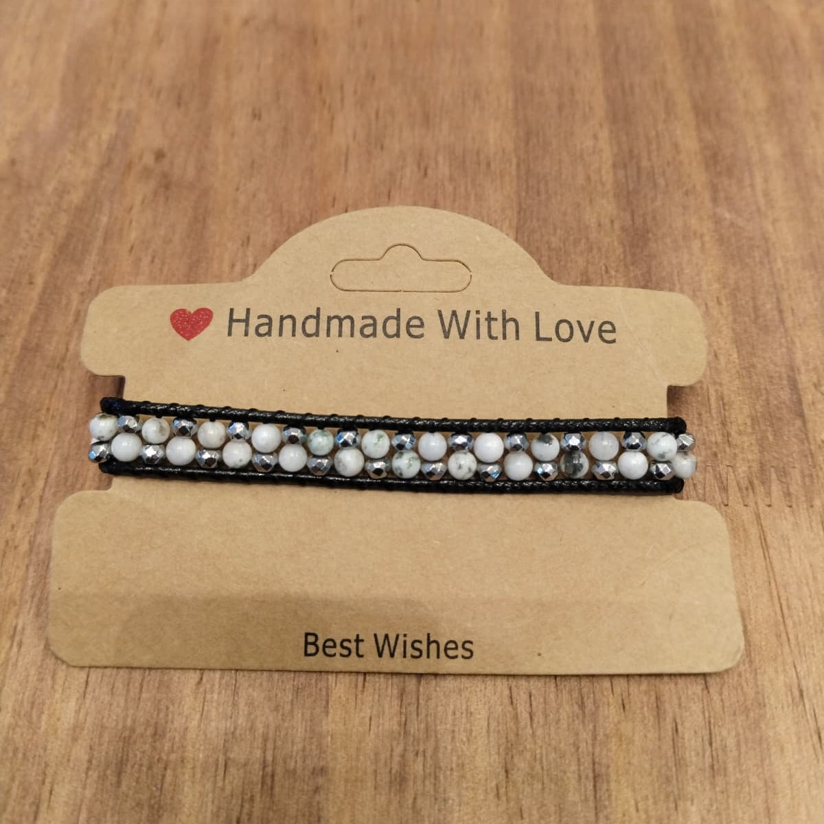 Black leather bracelet with white Agate and Hematide  12050