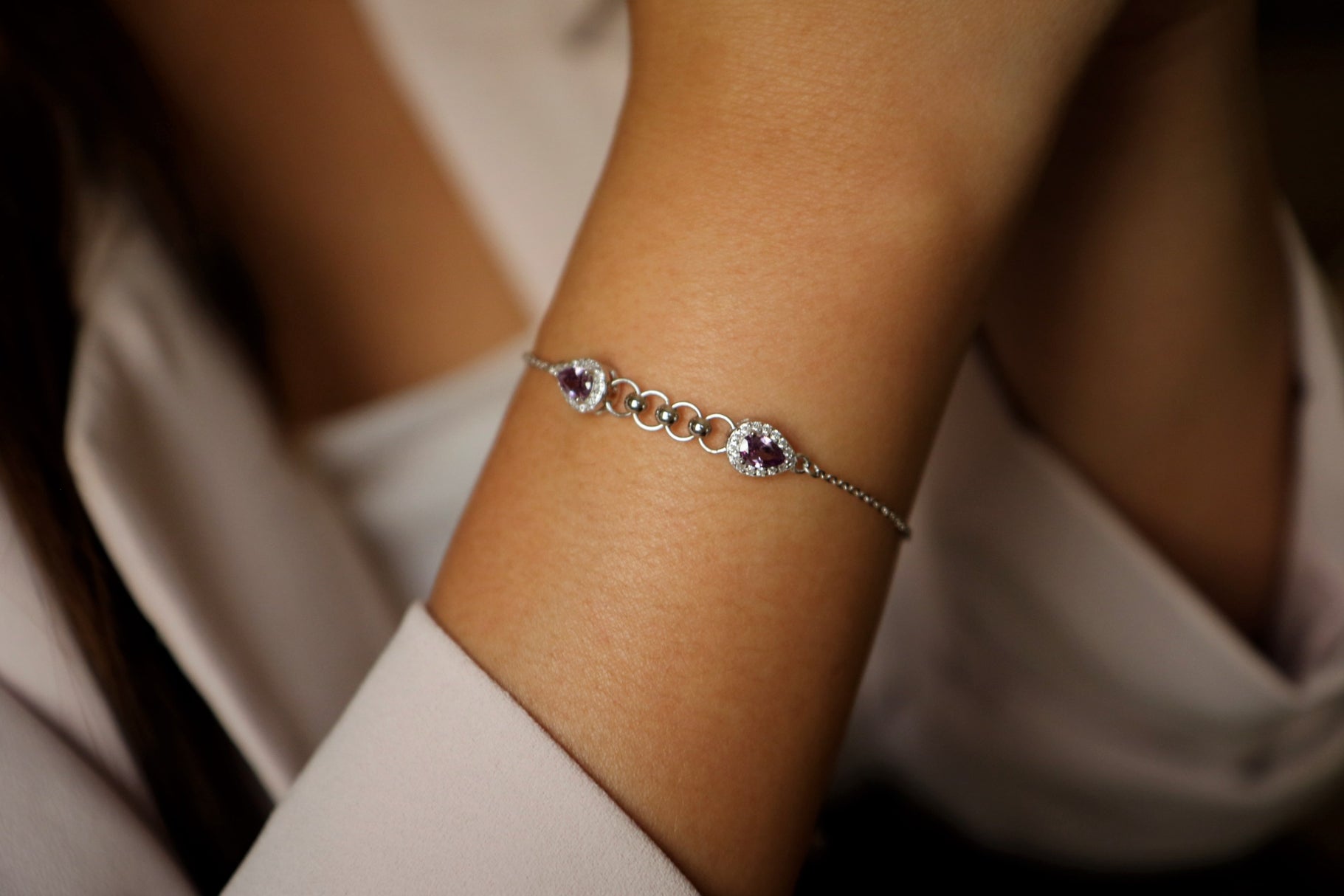 Silver Bracelet - Two purple stones