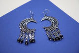 Silver Oriental Earing- Embellished Crescent With Black Stones